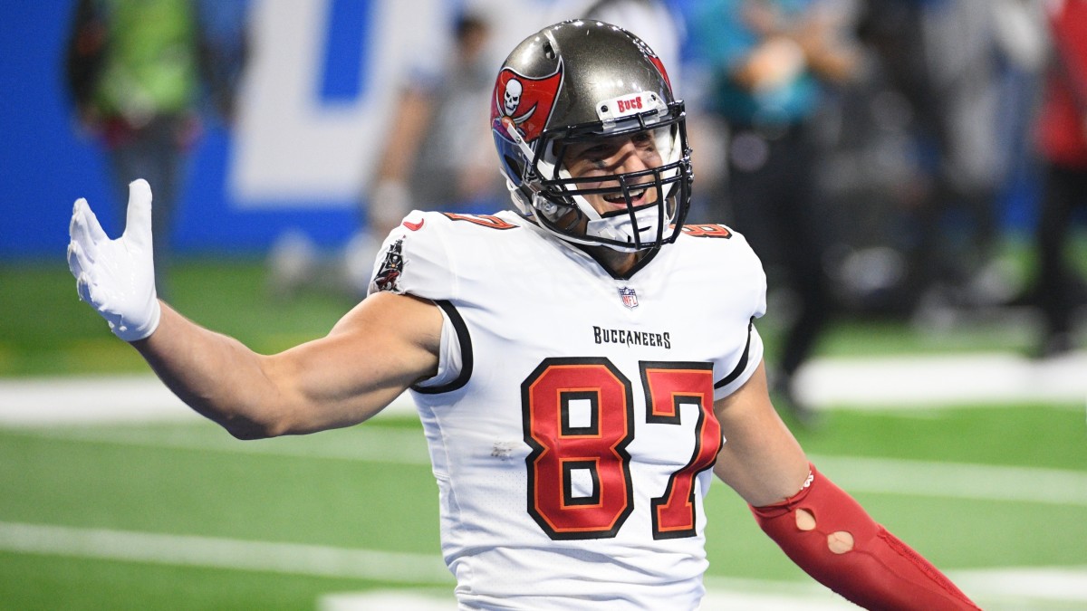 Tampa Bay Buccaneers tight end Rob Gronkowski (87) celebrates after scoring a touchdown against the Detroit Lions during the third quarter at Ford Field.